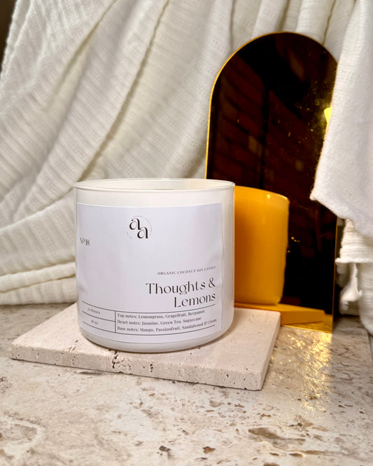 Hand Poured Coconut Soy Wooden Wick Candle- Thoughts & Lemons
