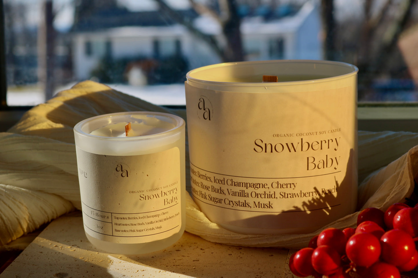 Hand Poured Coconut Soy Wooden Wick Candles- Snowberry Baby